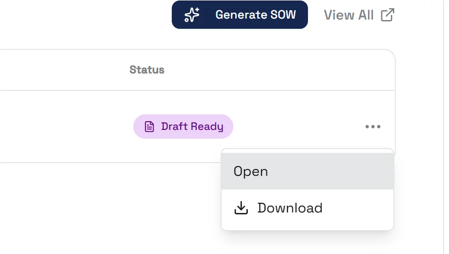 The Draft Ready row with its Open and Download menu