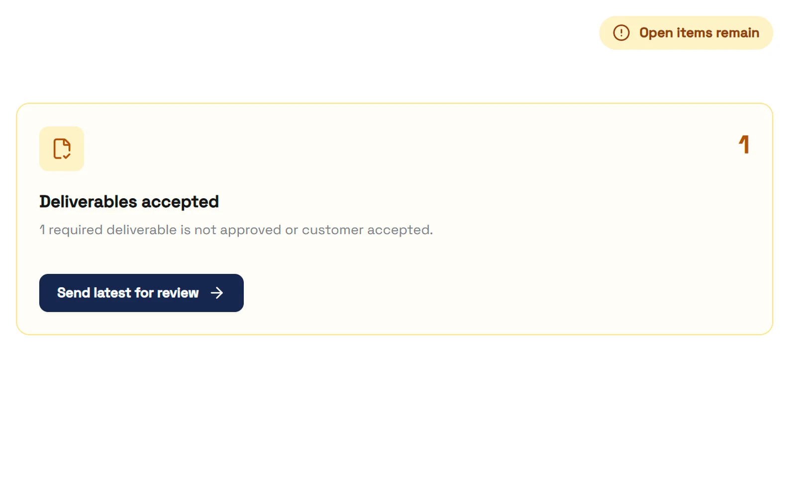 Deliverables accepted — the Send latest for review action waits on a human